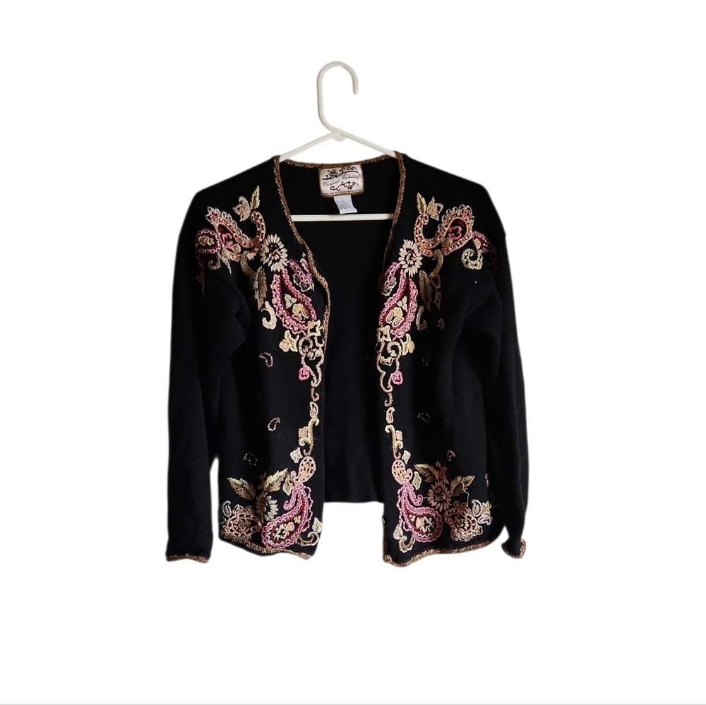 Vintage Heirloom Collectibles Large Embroidered Black & Gold Floral Cardigan